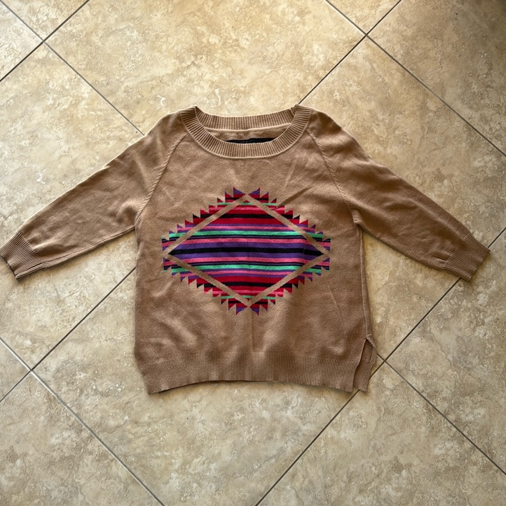 Mad Love Navajo Print Tan 3/4 Sleeve Sweater, Size Medium - Like New